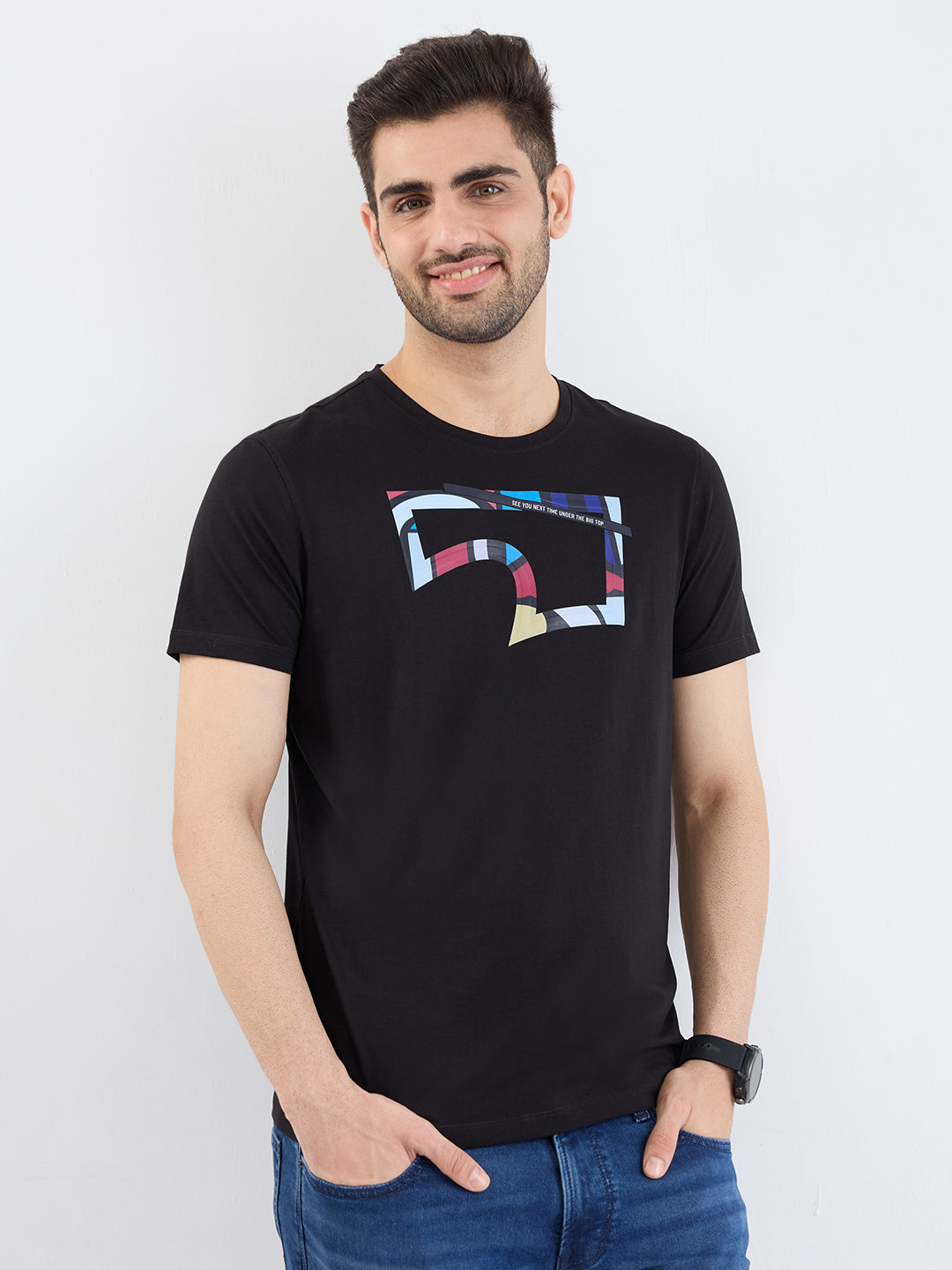 Spykar Black Slim Fit Casual T-Shirt For Men
