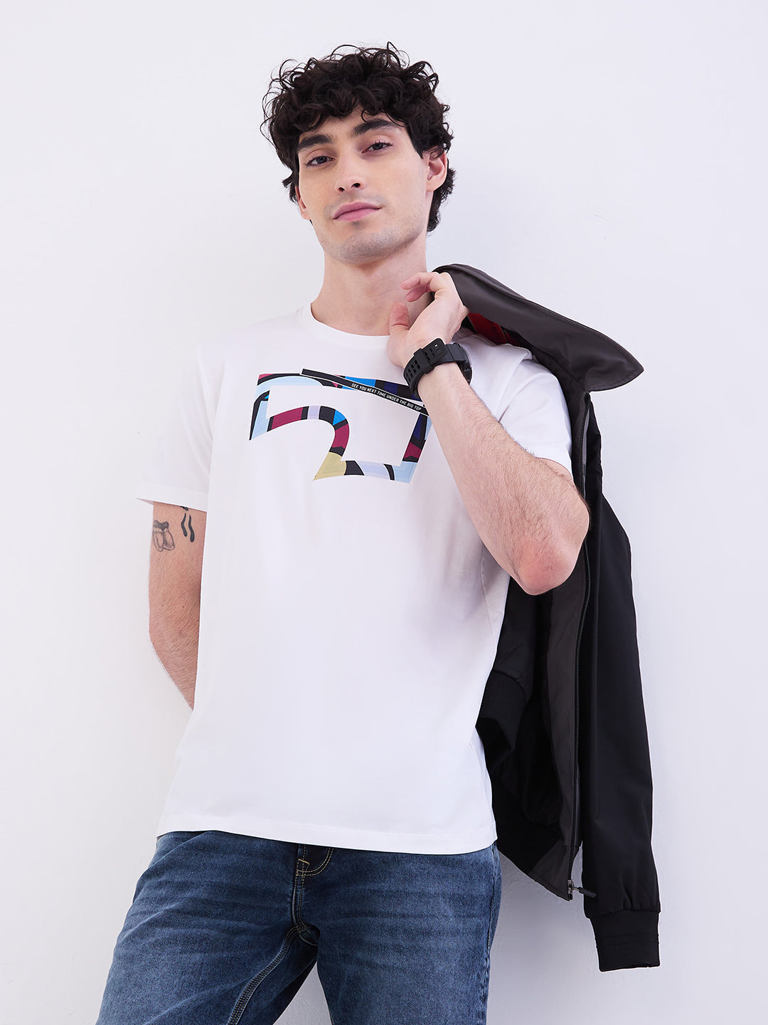 Spykar White Slim Fit Casual T-Shirt For Men