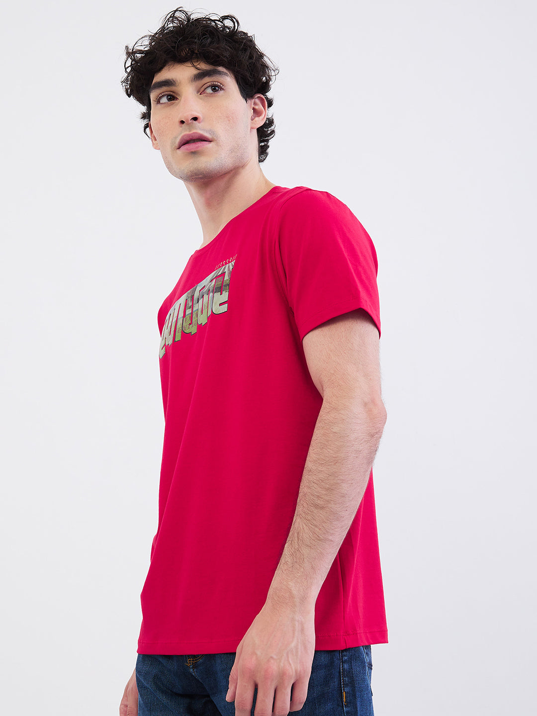 Spykar True Red Slim Fit Casual T-Shirt For Men