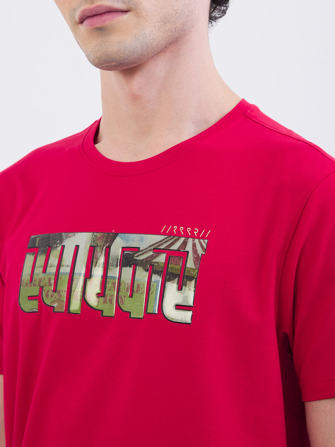 Spykar True Red Slim Fit Casual T-Shirt For Men