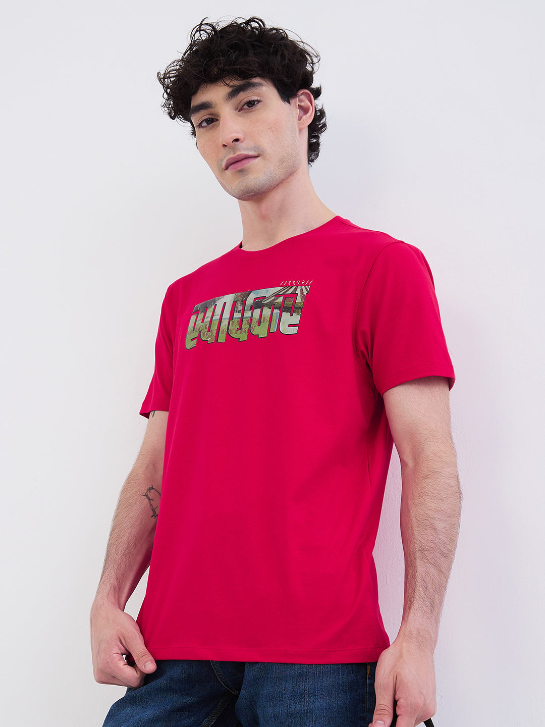Spykar True Red Slim Fit Casual T-Shirt For Men