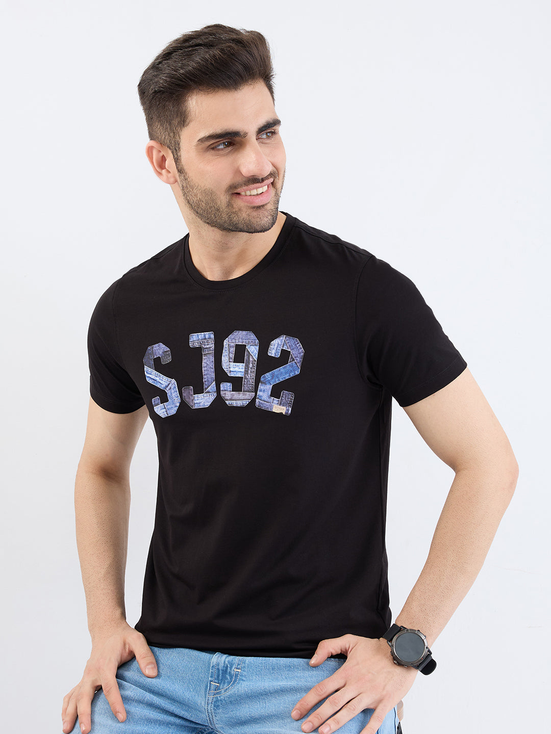 Spykar Black Slim Fit Casual T-Shirt For Men