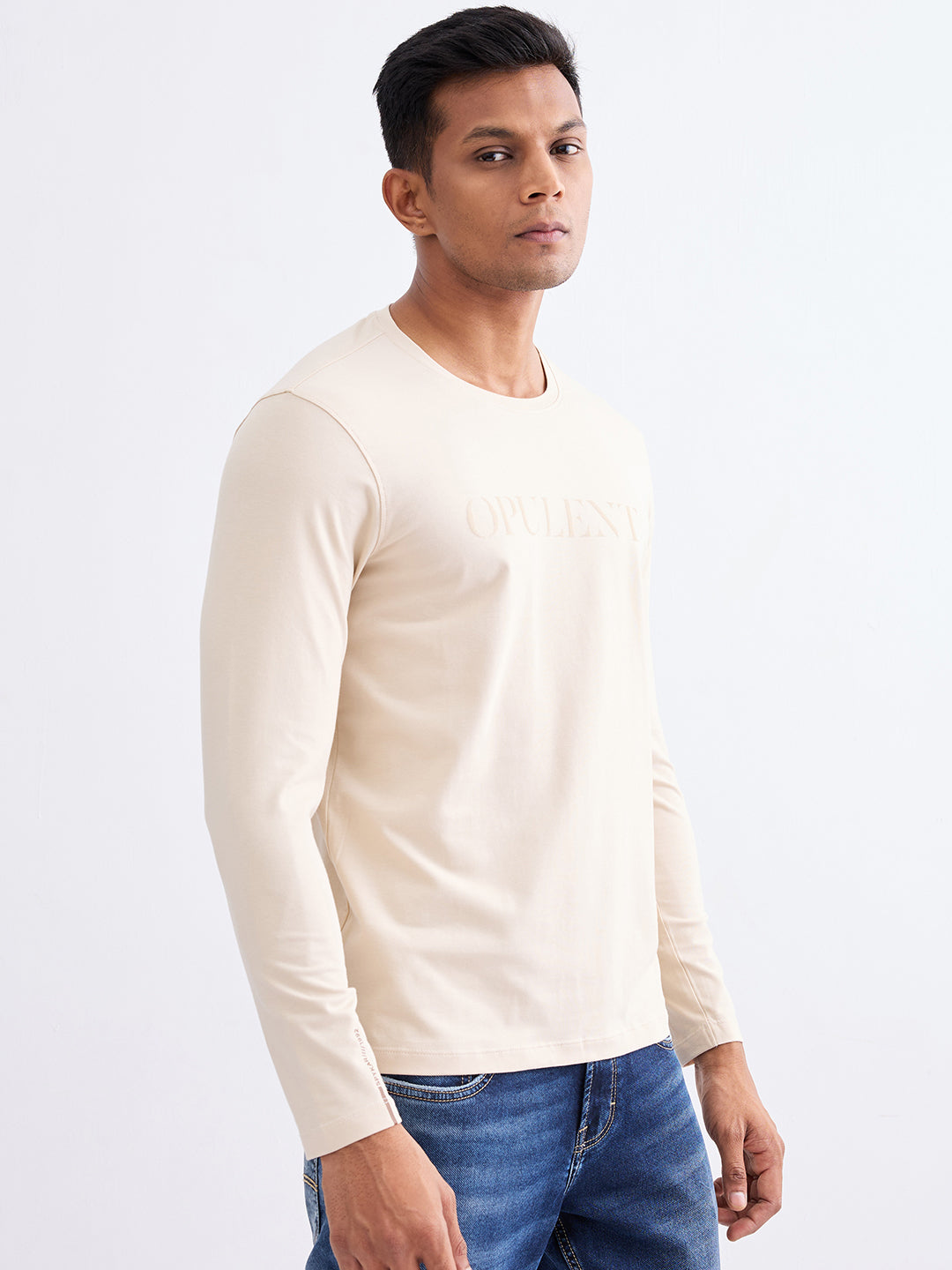 Men T-Shirt Beige Slim Fit