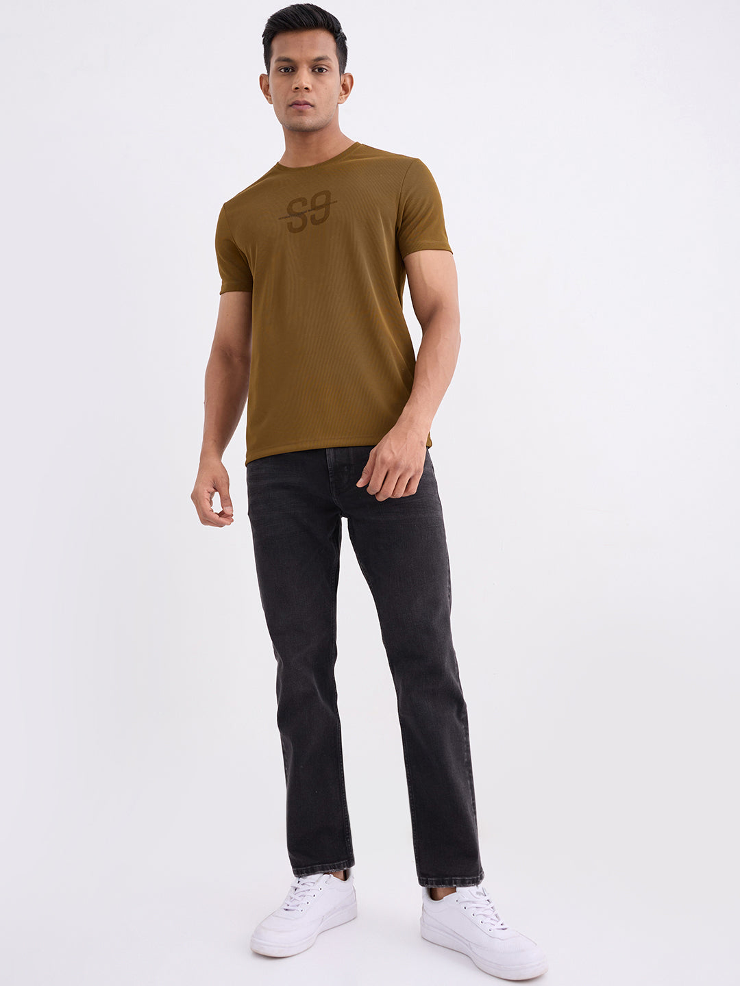 Spykar Military Green Slim Fit Casual T-Shirt For Men
