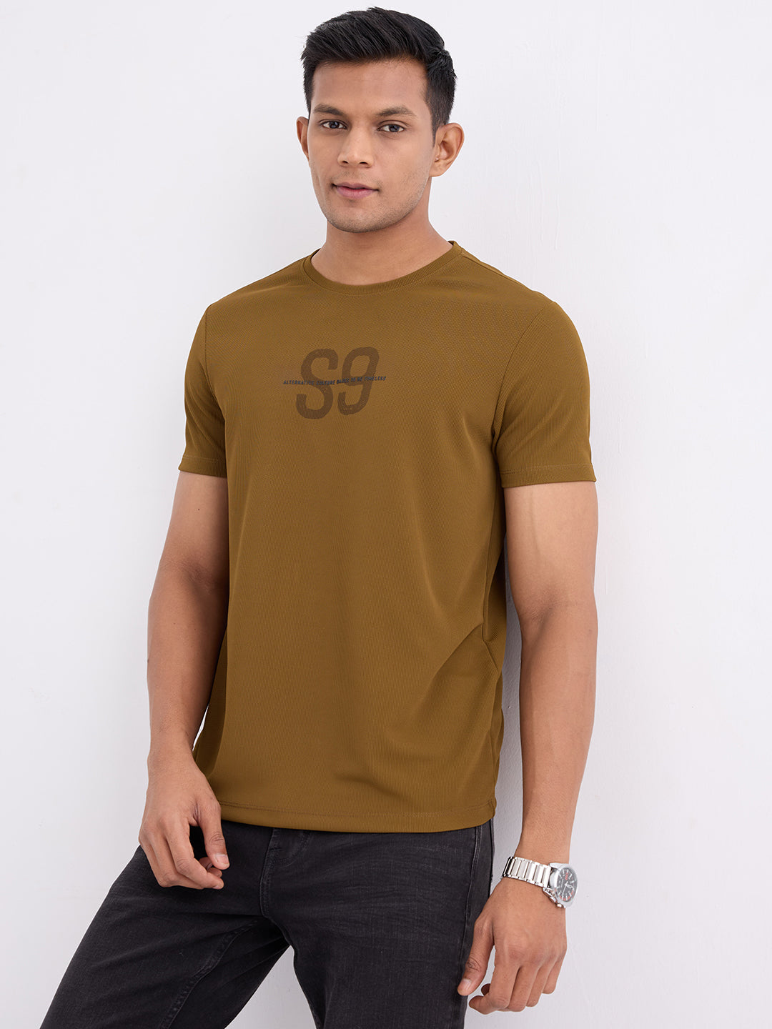 Spykar Military Green Slim Fit Casual T-Shirt For Men