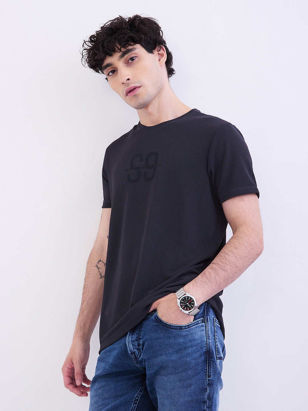 Spykar Navy Blue Slim Fit Casual T-Shirt For Men