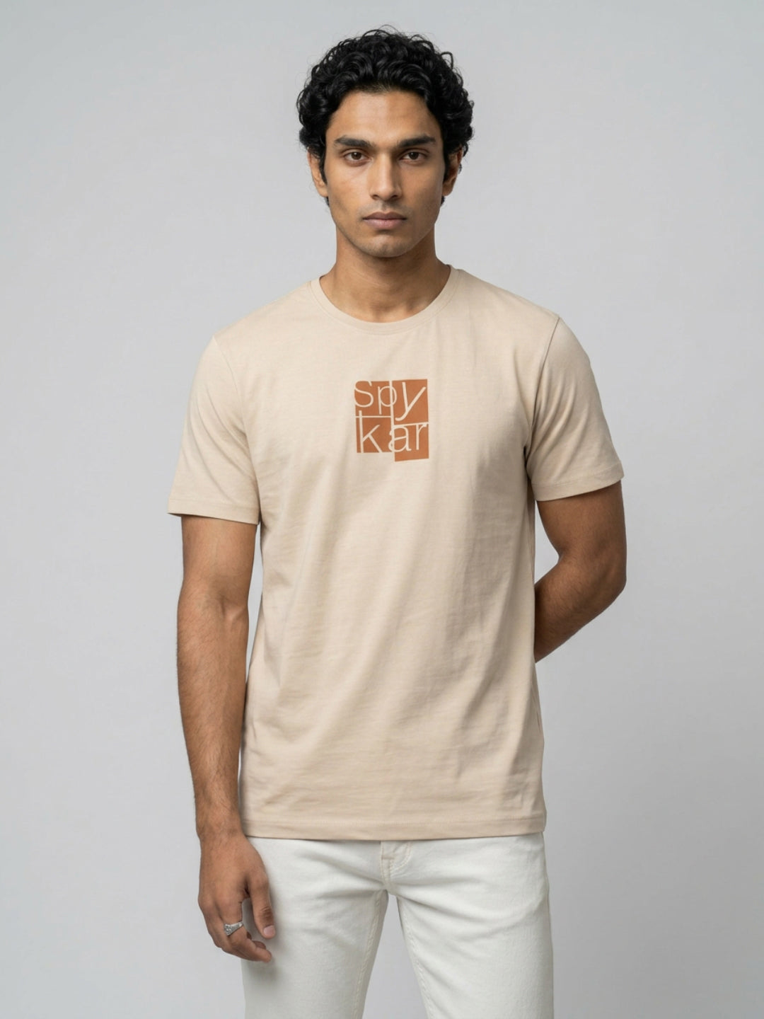 Men T-Shirt Graphic Beige Regular Fit