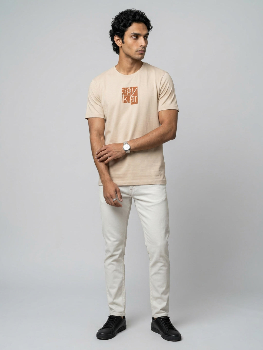 Men T-Shirt Graphic Beige Regular Fit