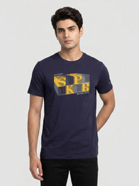 Men T-Shirt Graphic Navy Blue Regular Fit