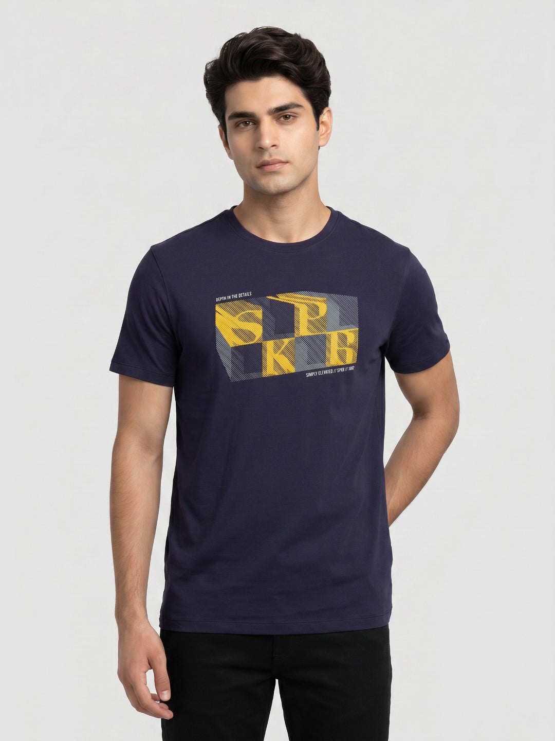 Men T-Shirt Graphic Navy Blue Regular Fit
