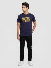 Men T-Shirt Graphic Navy Blue Regular Fit