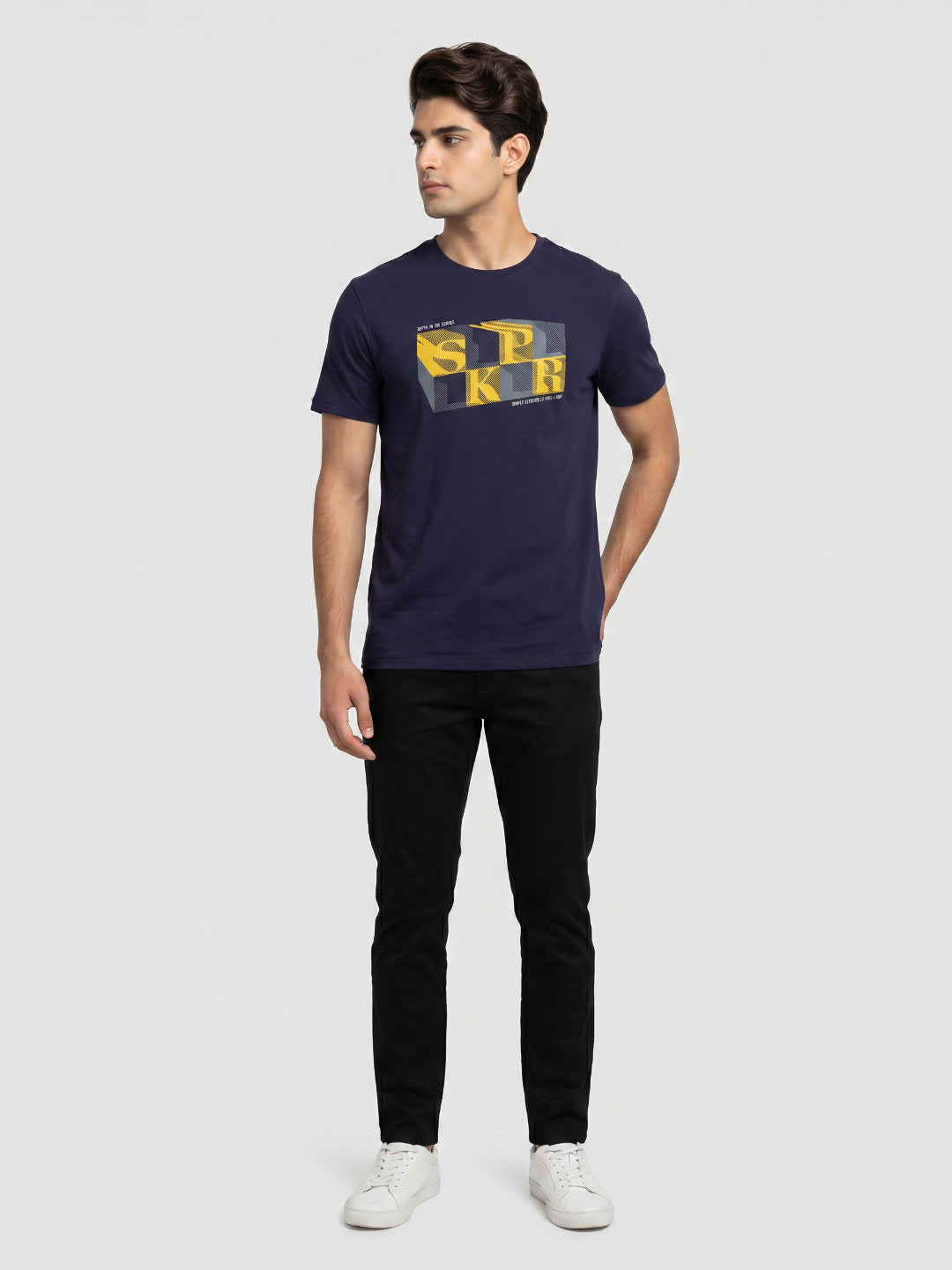Men T-Shirt Graphic Navy Blue Regular Fit