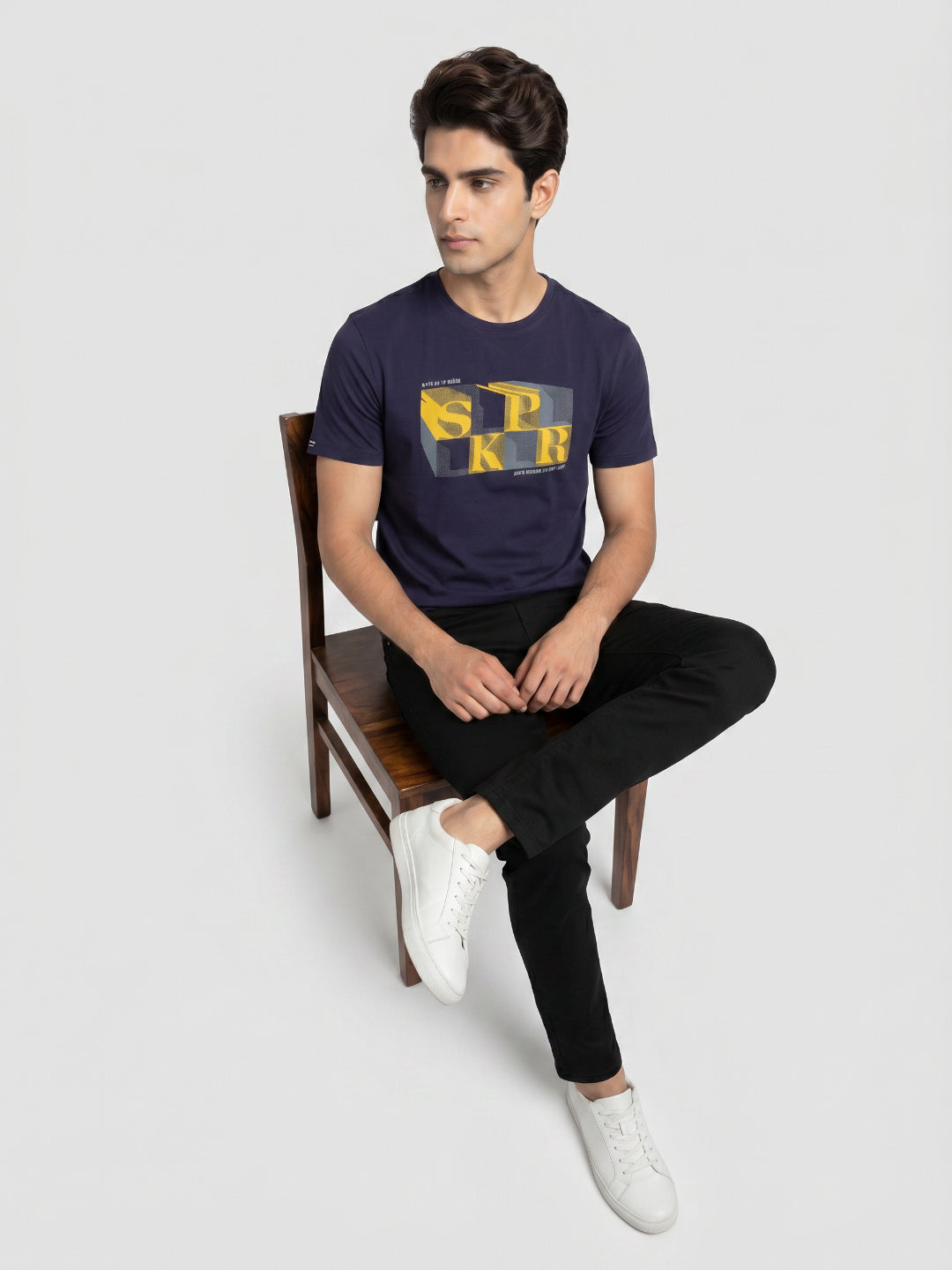 Men T-Shirt Graphic Navy Blue Regular Fit