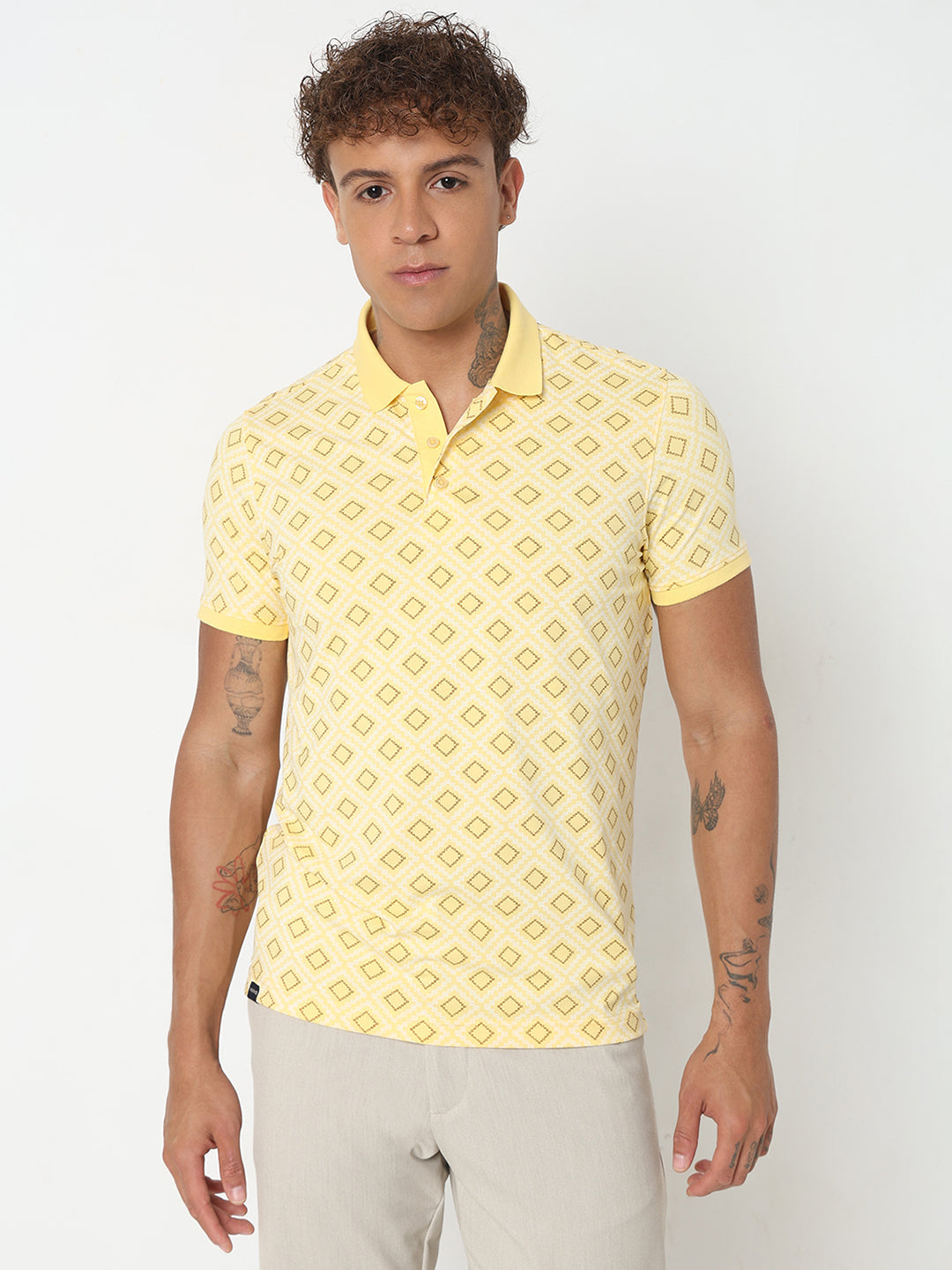 Spykar Slim Fit Printed Polo Collar Yellow T-Shirt For Men