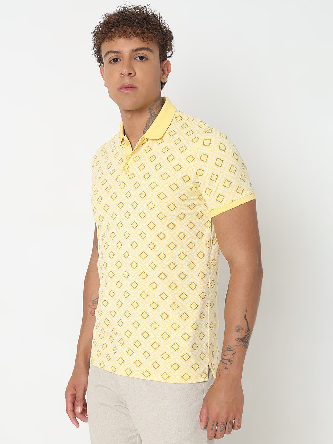 Spykar Slim Fit Printed Polo Collar Yellow T-Shirt For Men