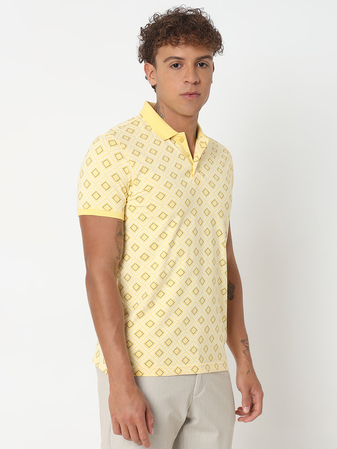 Spykar Slim Fit Printed Polo Collar Yellow T-Shirt For Men