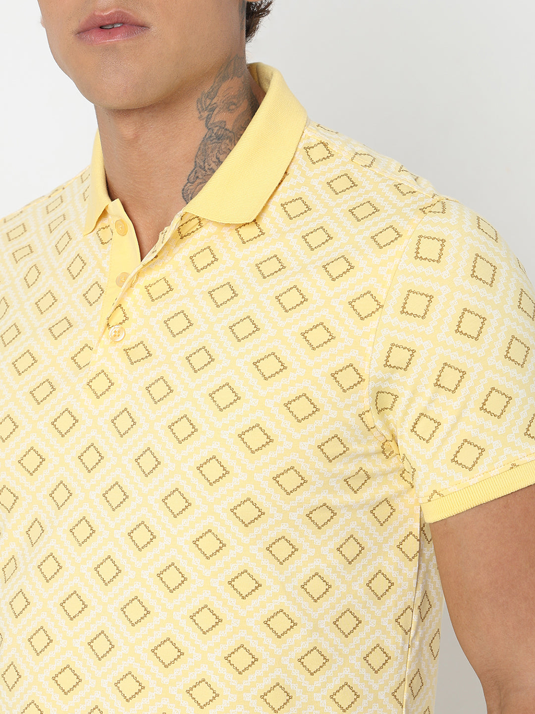 Spykar Slim Fit Printed Polo Collar Yellow T-Shirt For Men