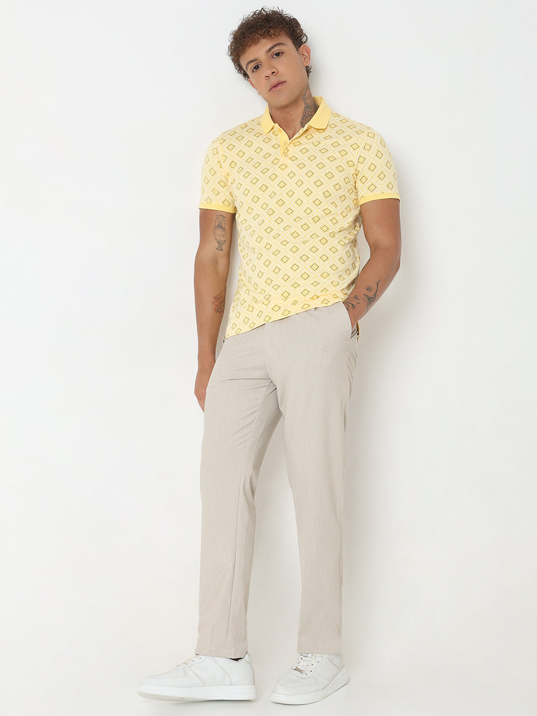 Spykar Slim Fit Printed Polo Collar Yellow T-Shirt For Men