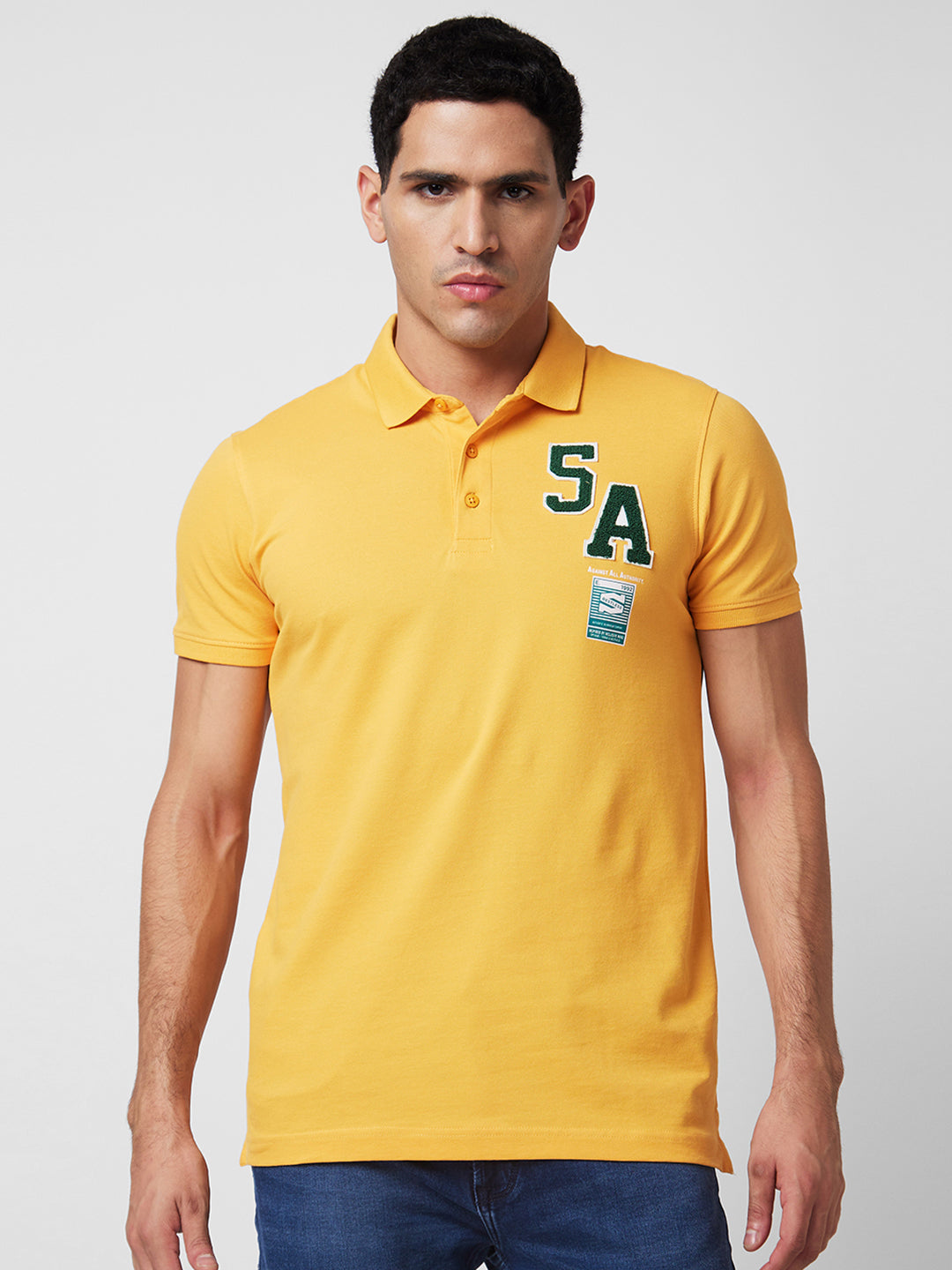 Spykar Yellow Slim Half Sleeve Polo Neck T-Shirts For Men