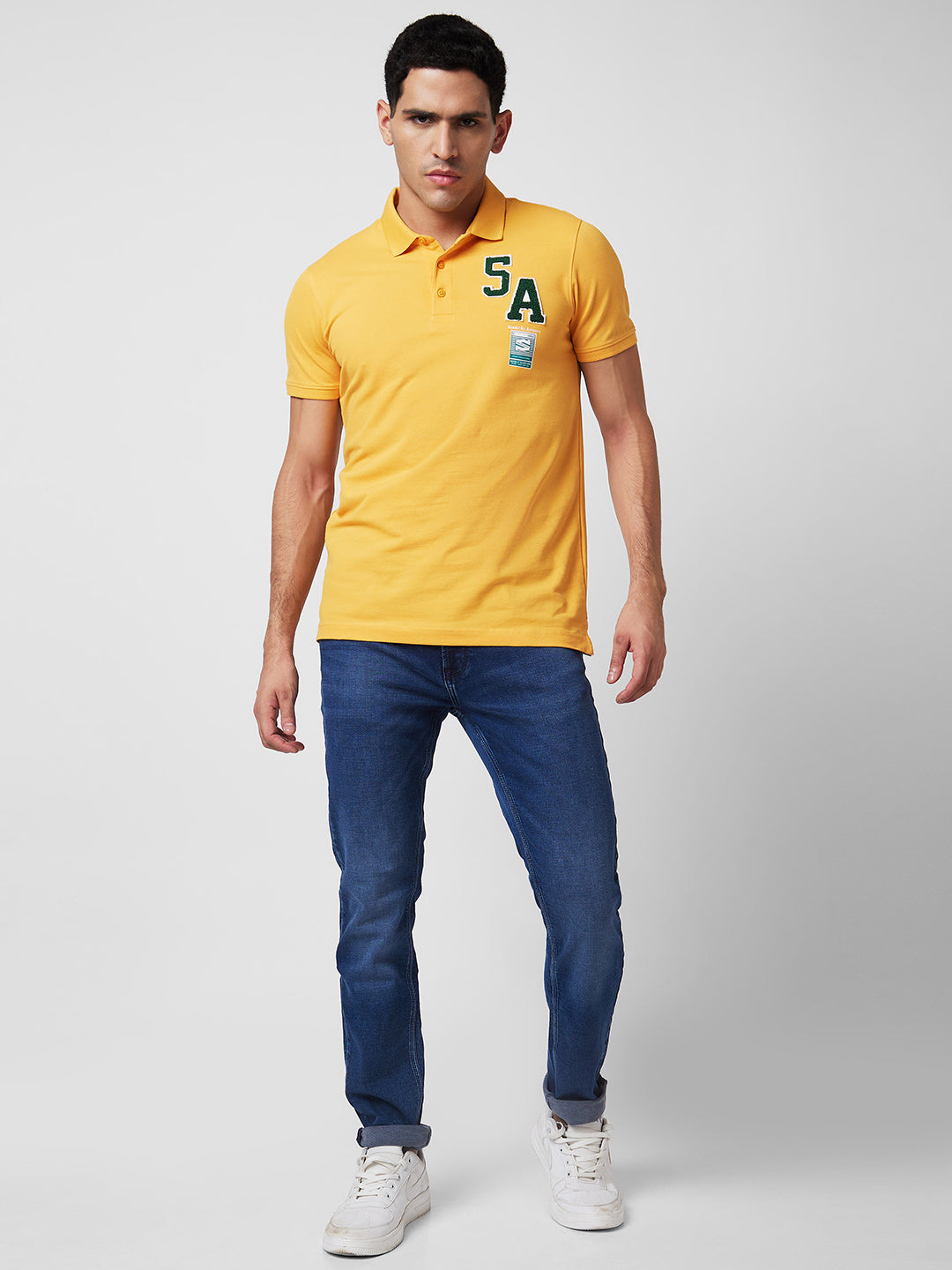 Spykar Yellow Slim Half Sleeve Polo Neck T-Shirts For Men