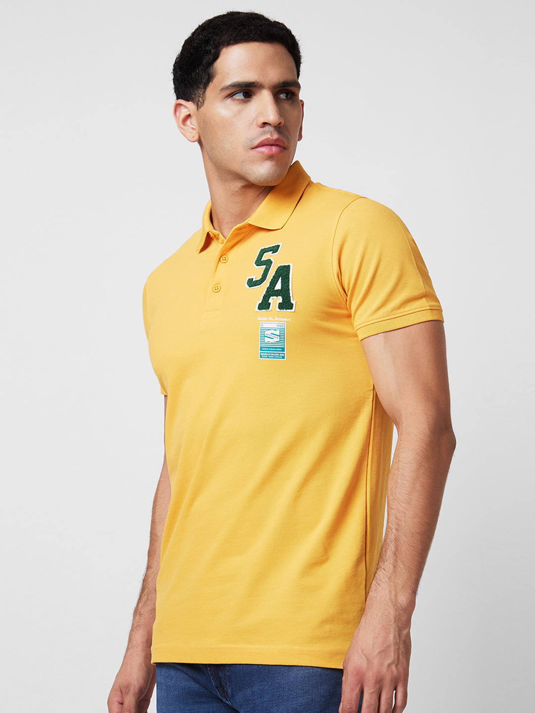 Spykar Yellow Slim Half Sleeve Polo Neck T-Shirts For Men