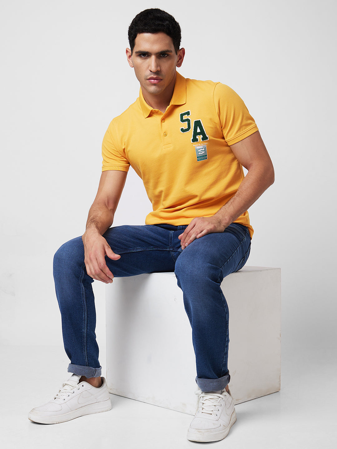 Spykar Yellow Slim Half Sleeve Polo Neck T-Shirts For Men