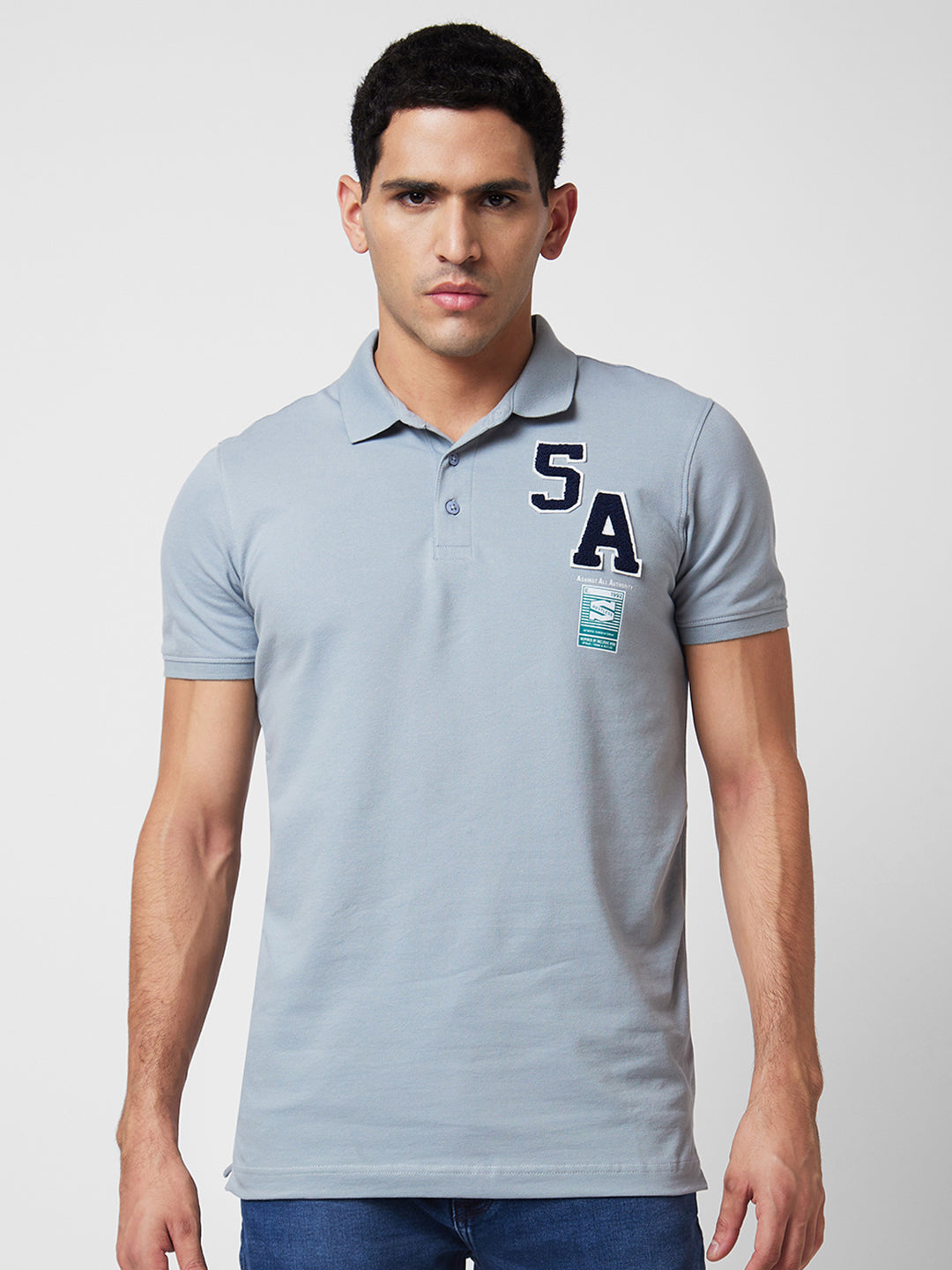 Spykar Grey Slim Half Sleeve Polo Neck T-Shirts For Men