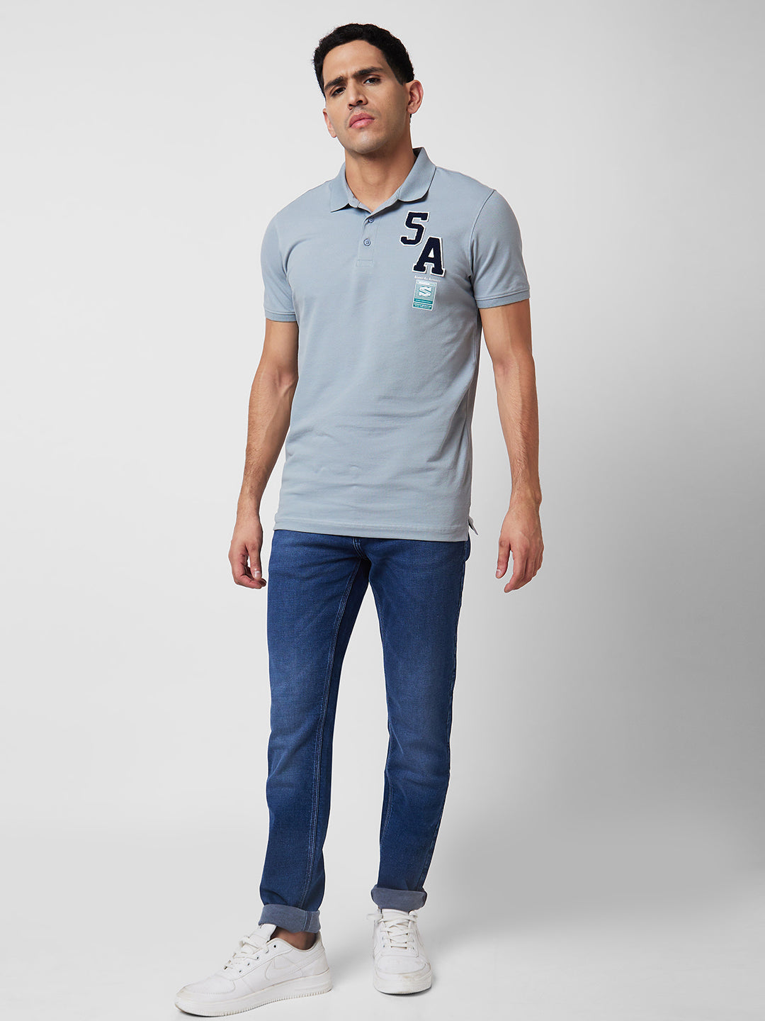 Spykar Grey Slim Half Sleeve Polo Neck T-Shirts For Men