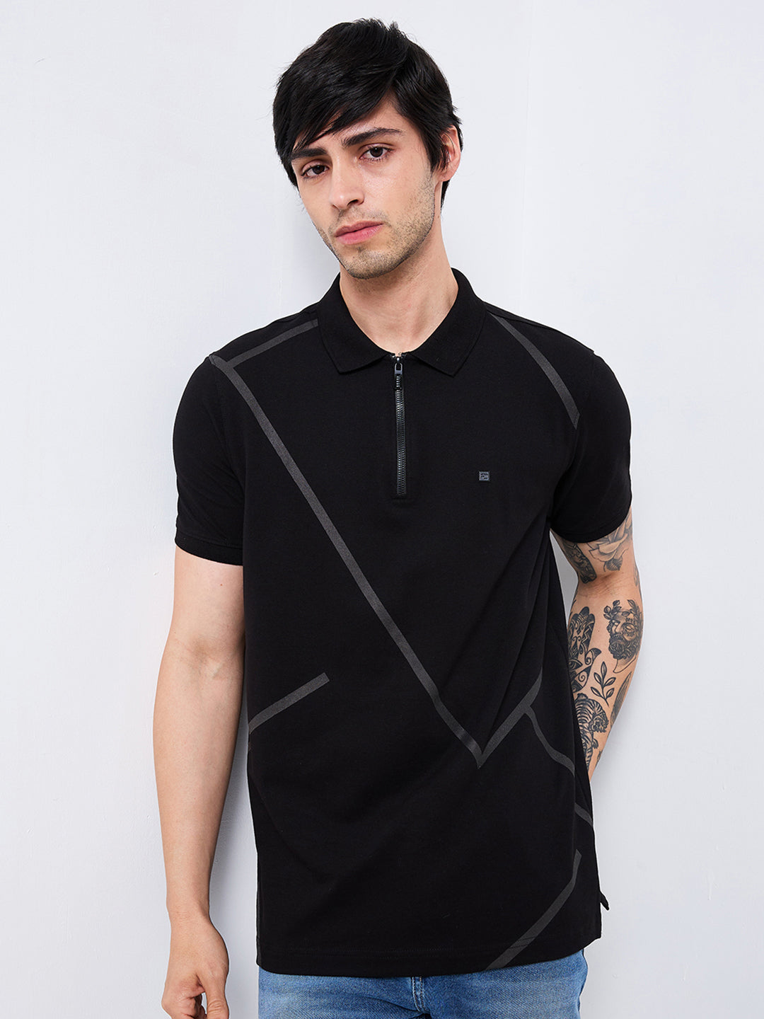 Spykar Black Slim Fit Printed Half Sleeve T-Shirt For Men