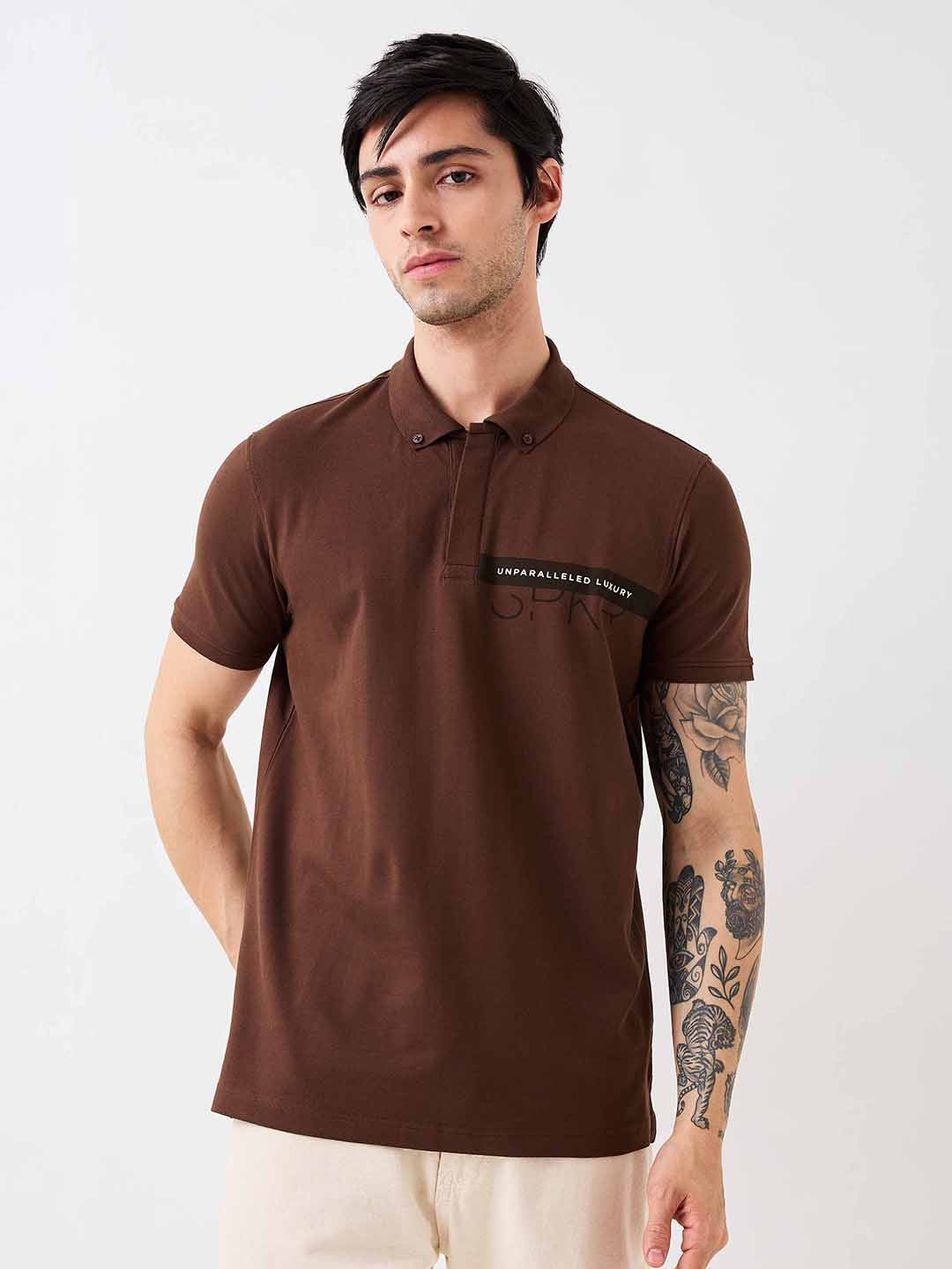 Spykar Brown Slim Fit Solid Half Sleeve T-Shirt For Men
