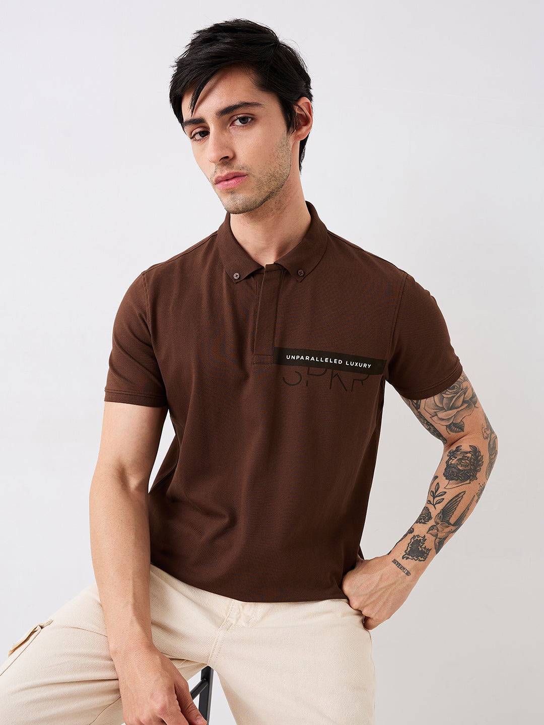 Spykar Brown Slim Fit Solid Half Sleeve T-Shirt For Men