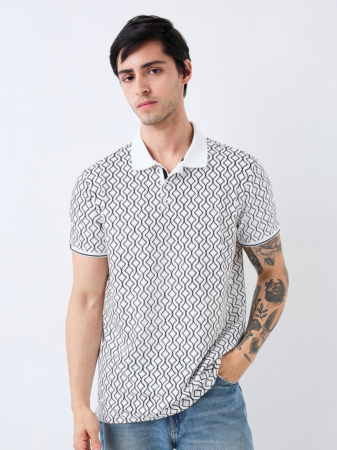 Spykar White Slim Fit Printed Half Sleeve T-Shirt For Men