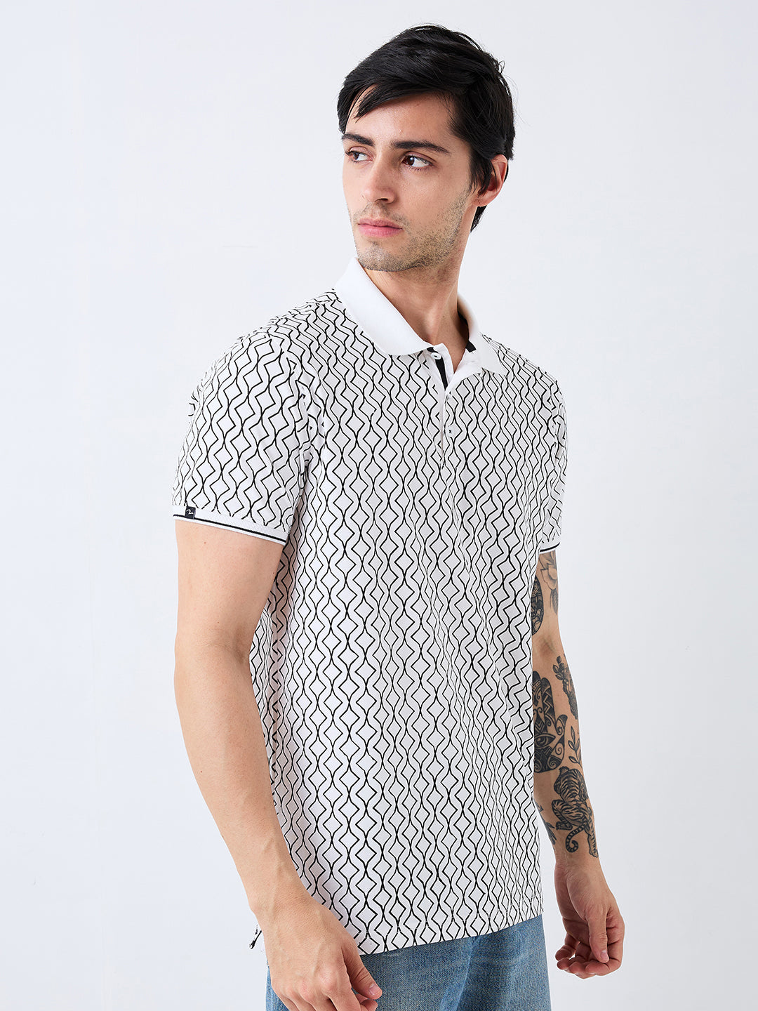 Spykar White Slim Fit Printed Half Sleeve T-Shirt For Men