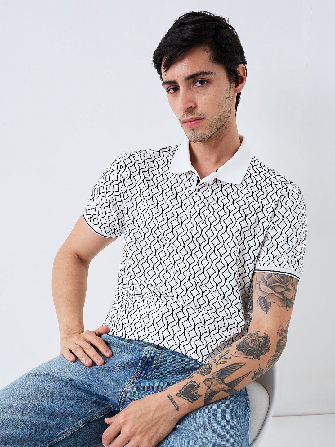 Spykar White Slim Fit Printed Half Sleeve T-Shirt For Men