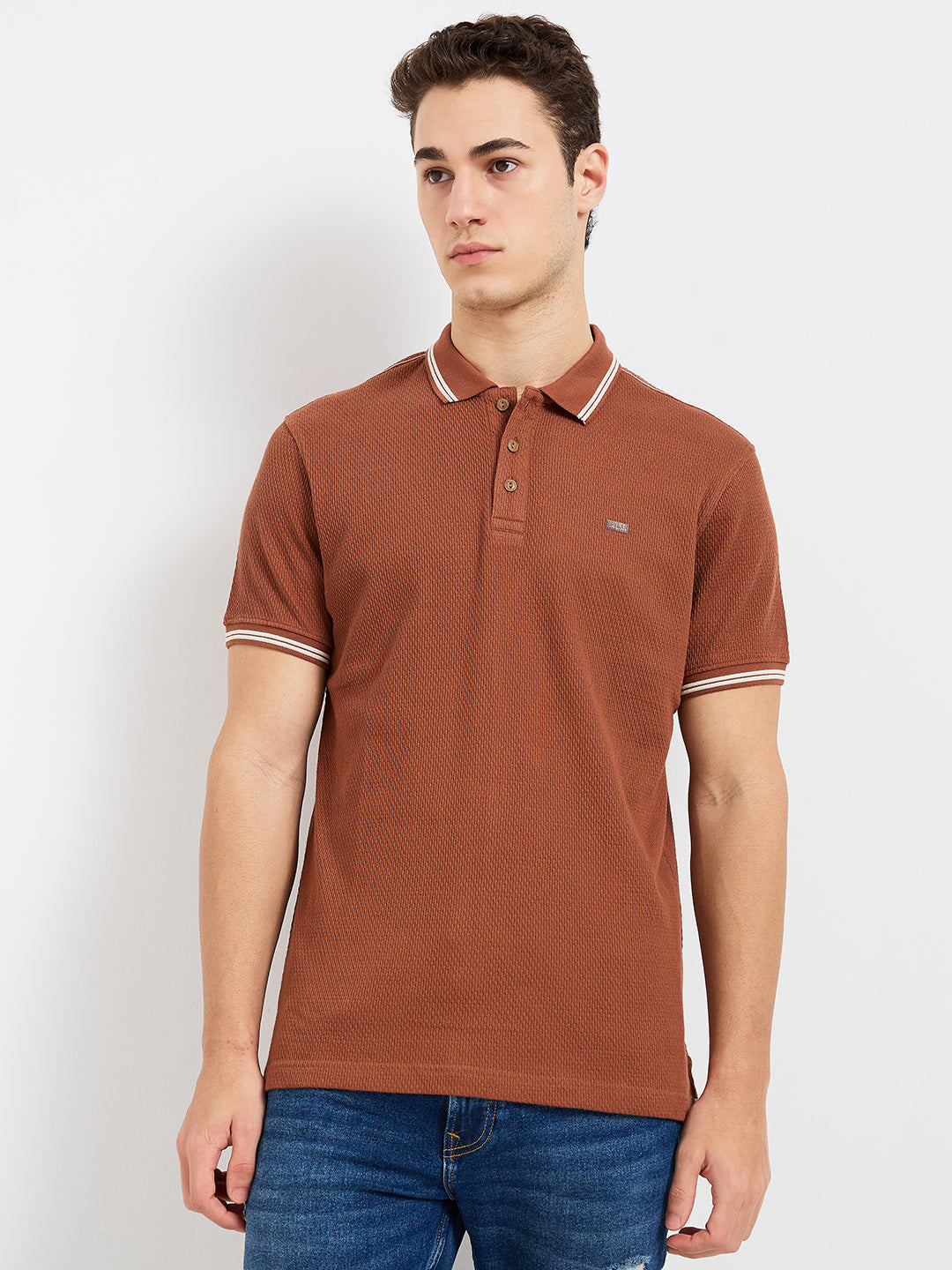 Spykar Brown Slim Fit Solid Half Sleeve T-Shirt For Men