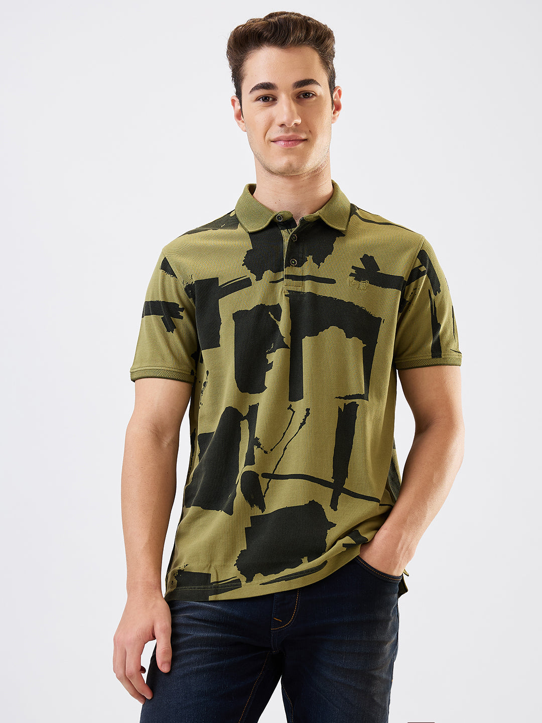 Spykar Green Slim Fit Printed Half Sleeve T-Shirt For Men