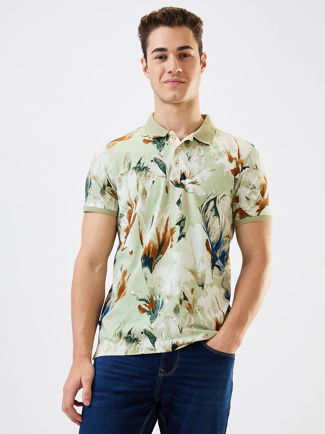 Spykar Green Slim Fit Printed Half Sleeve T-Shirt For Men