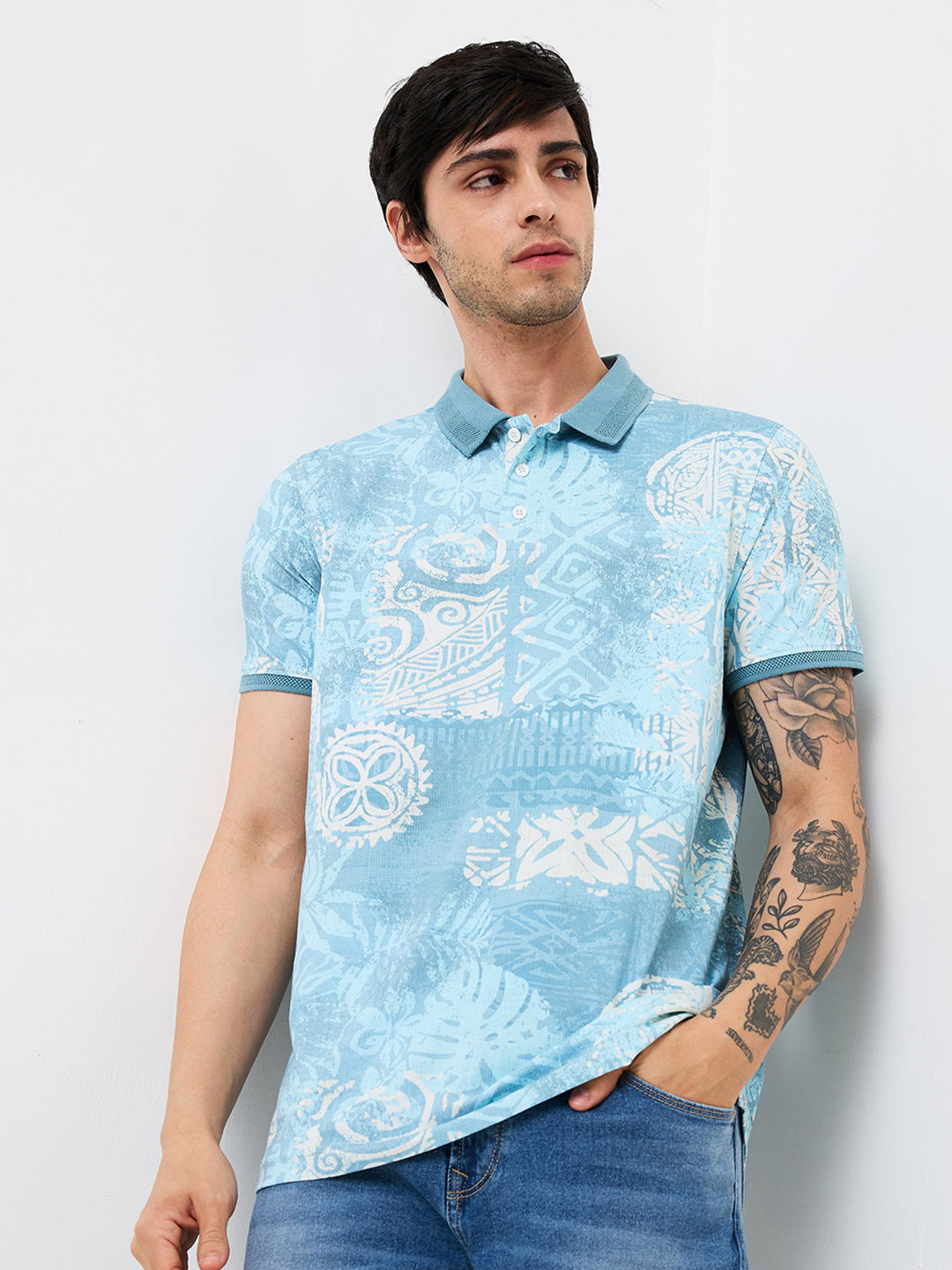 Spykar Blue Slim Fit Printed Half Sleeve T-Shirt For Men