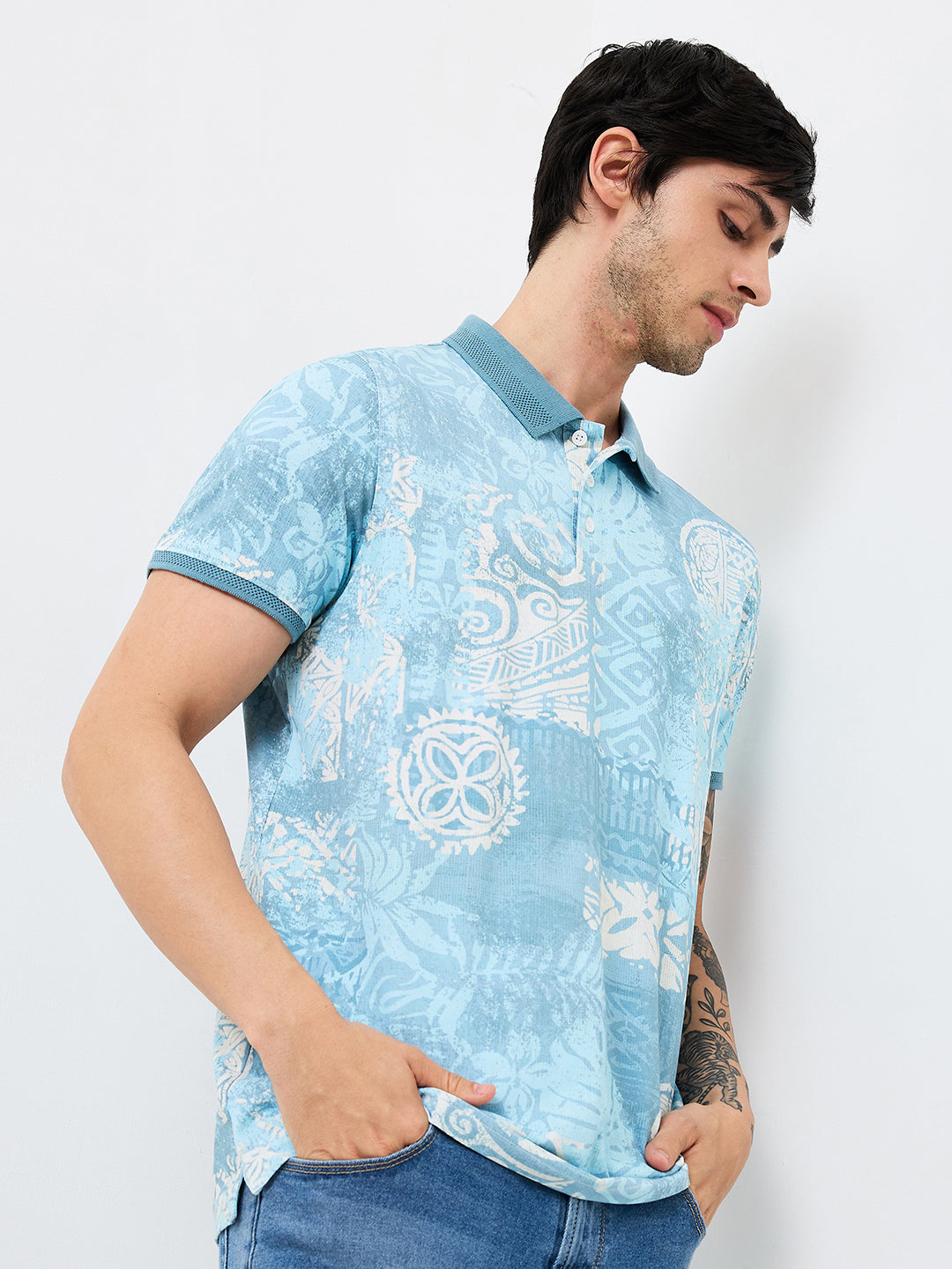 Spykar Blue Slim Fit Printed Half Sleeve T-Shirt For Men