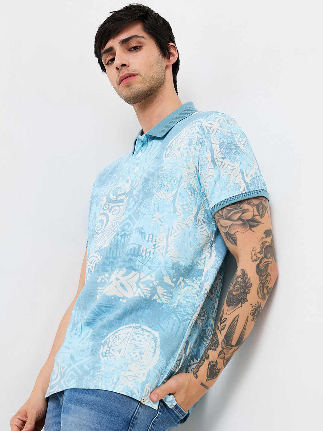 Spykar Blue Slim Fit Printed Half Sleeve T-Shirt For Men