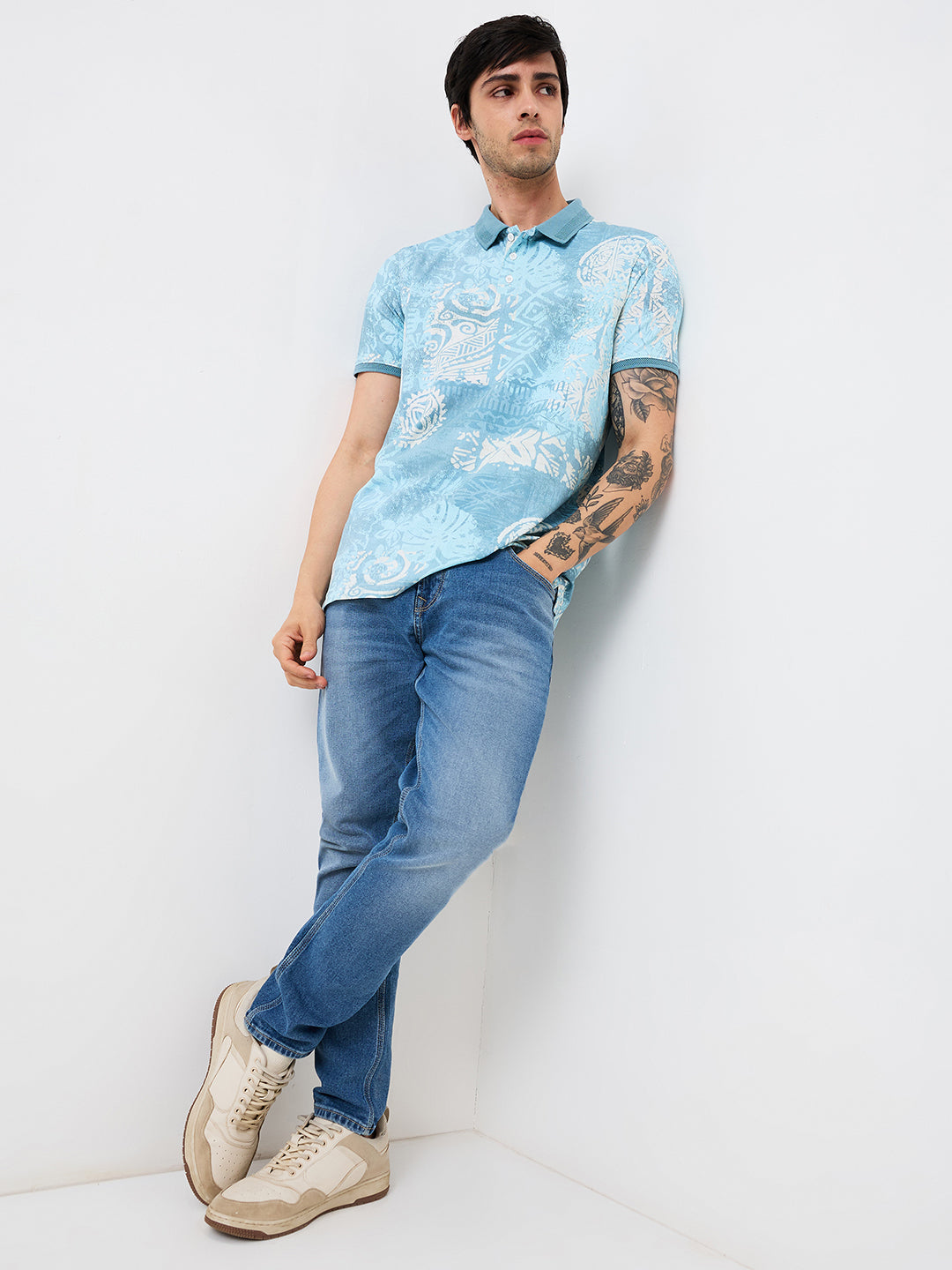 Spykar Blue Slim Fit Printed Half Sleeve T-Shirt For Men