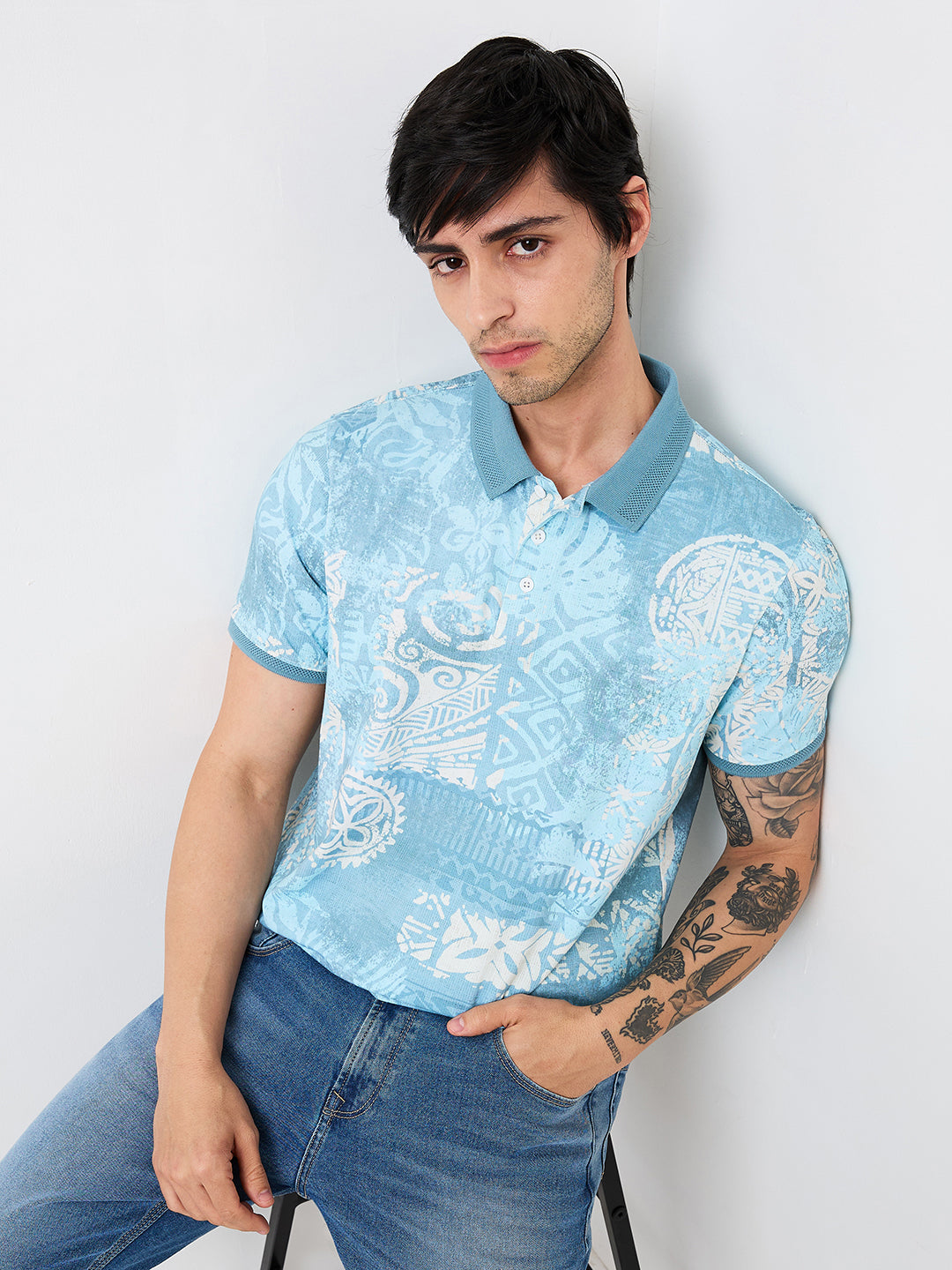 Spykar Blue Slim Fit Printed Half Sleeve T-Shirt For Men