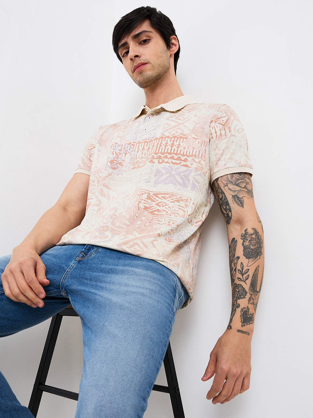 Spykar White Slim Fit Printed Half Sleeve T-Shirt For Men