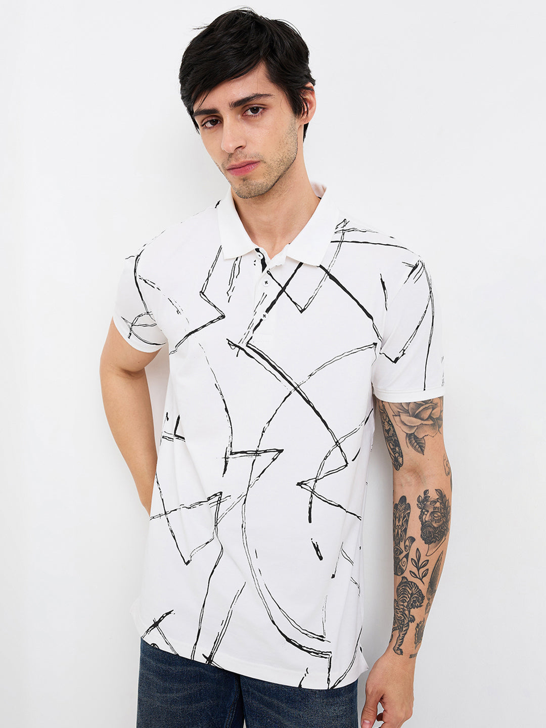 Spykar White Slim Fit Printed Half Sleeve T-Shirt For Men