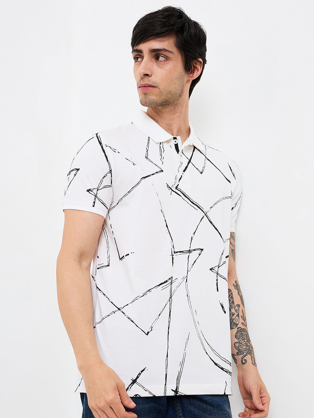 Spykar White Slim Fit Printed Half Sleeve T-Shirt For Men