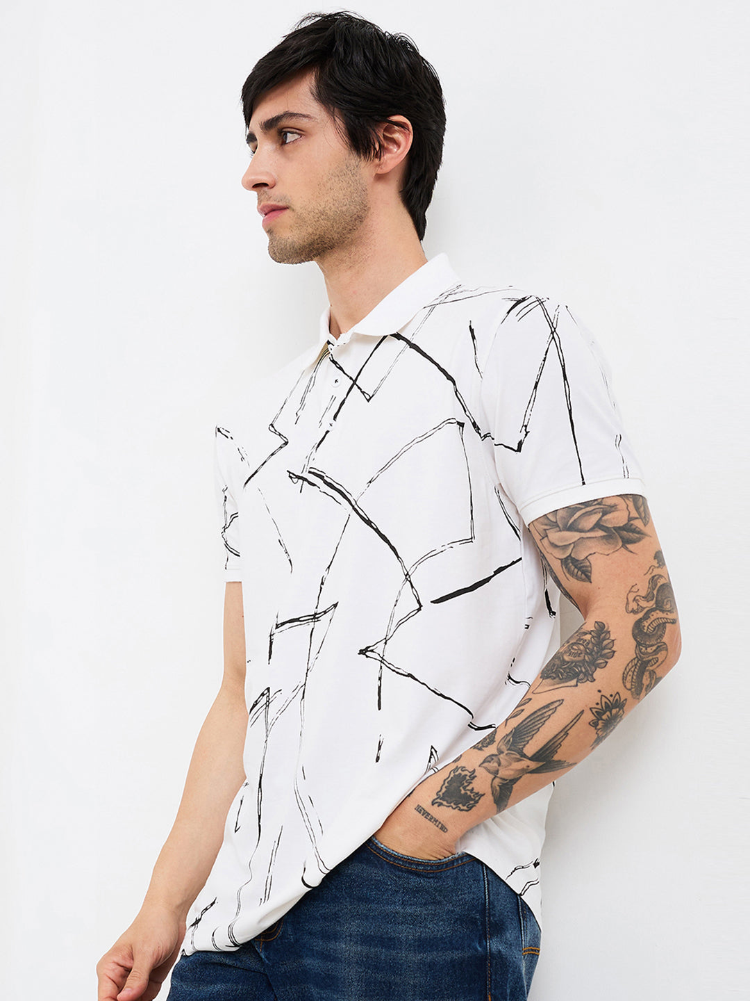 Spykar White Slim Fit Printed Half Sleeve T-Shirt For Men