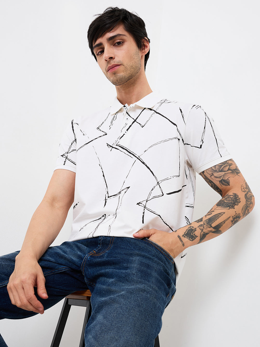 Spykar White Slim Fit Printed Half Sleeve T-Shirt For Men