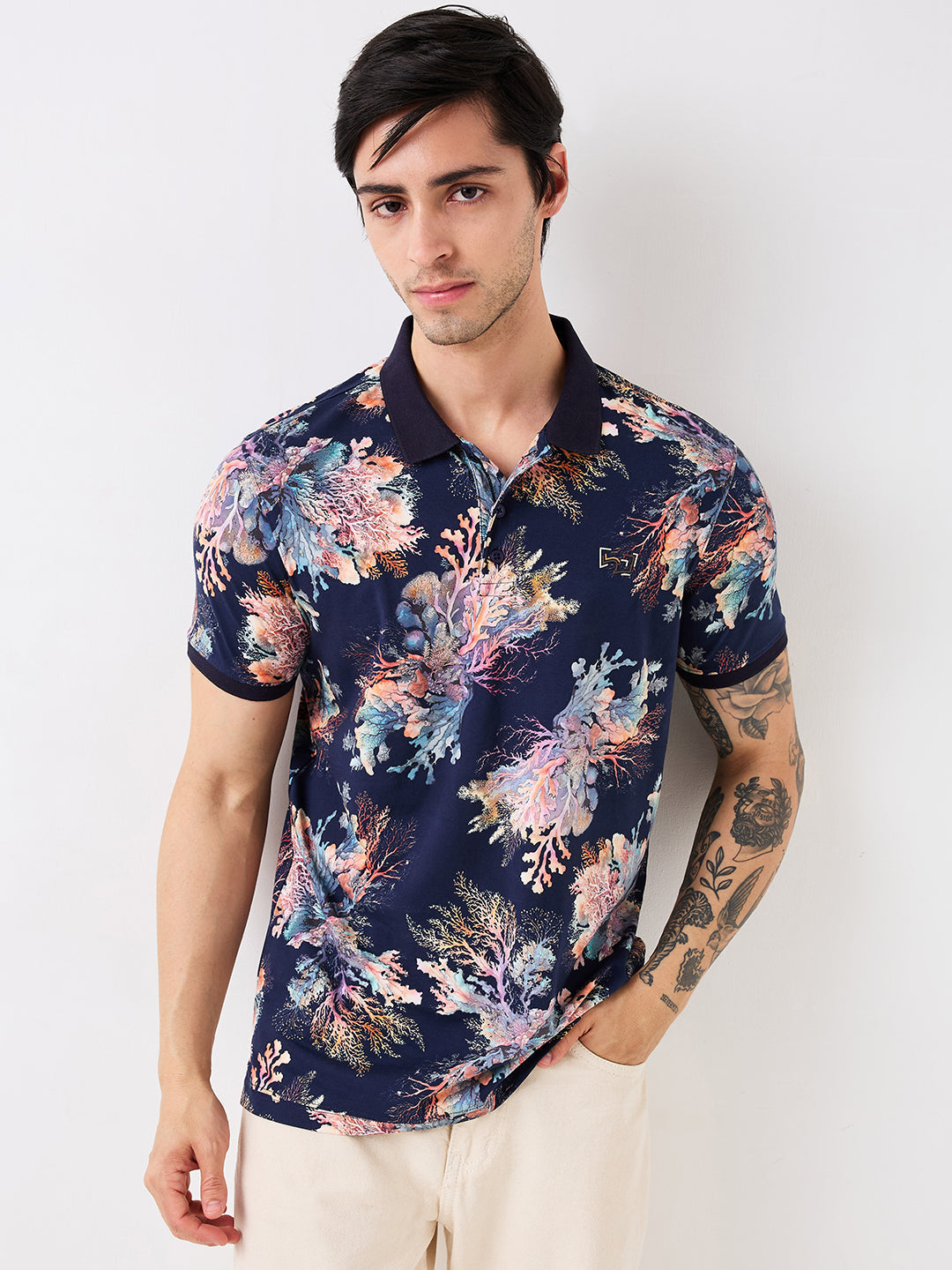 Men T-Shirt Print Blue Slim Fit