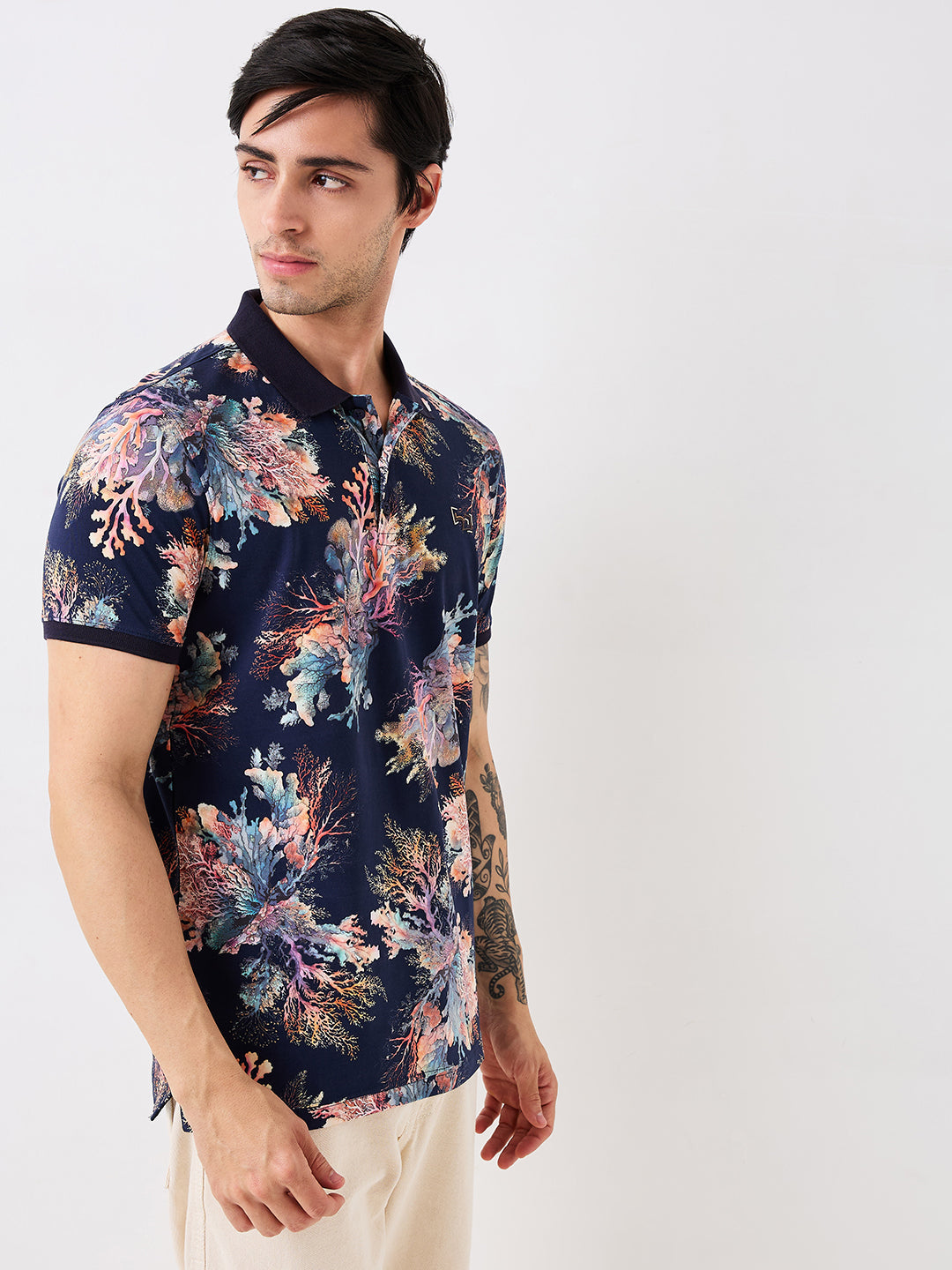 Men T-Shirt Print Blue Slim Fit