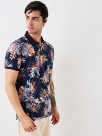 Men T-Shirt Print Blue Slim Fit